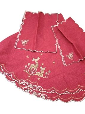 Christmas Tablecloth Napkin Set Reindeer Tree Embellished Scroll Edge Linen Look